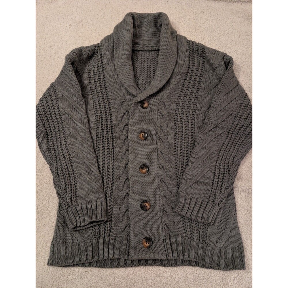 Mens Cable Knit Cardigan Chunky Jacket V Neck Shawl Collar Grey Size M